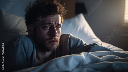 Depressed man lying in bed can't sleep late at morning with insomnia.