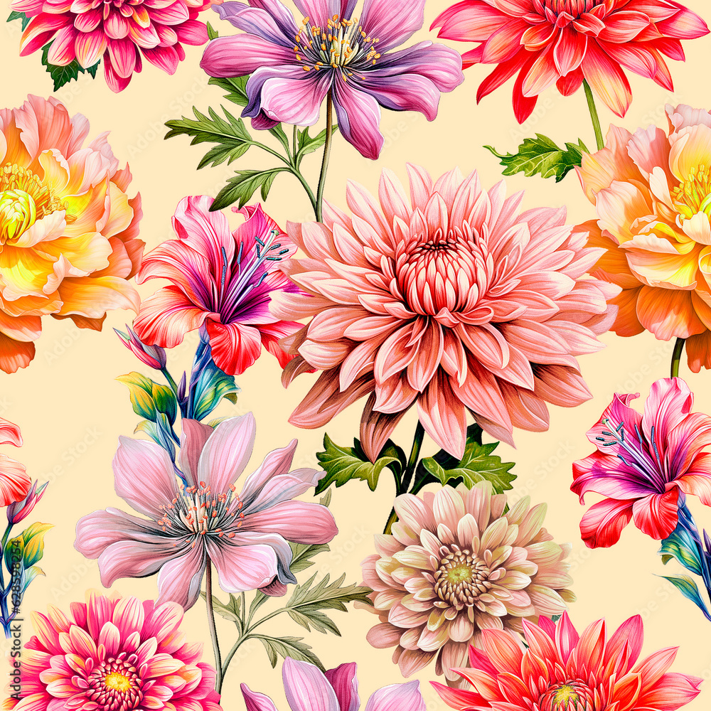 Seamless pattern with hand drawn flowers. Floral illustration. Seamless pattern with hand drawn flowers. Floral illustration.