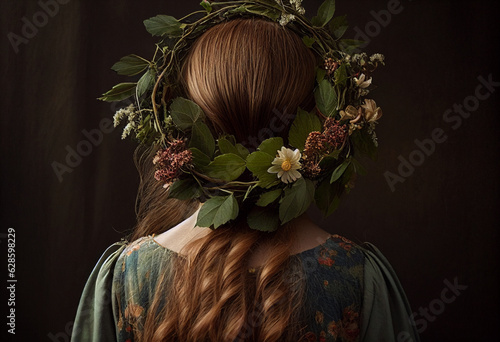 Girl with dark hair with a wreath on her head. AI Generated