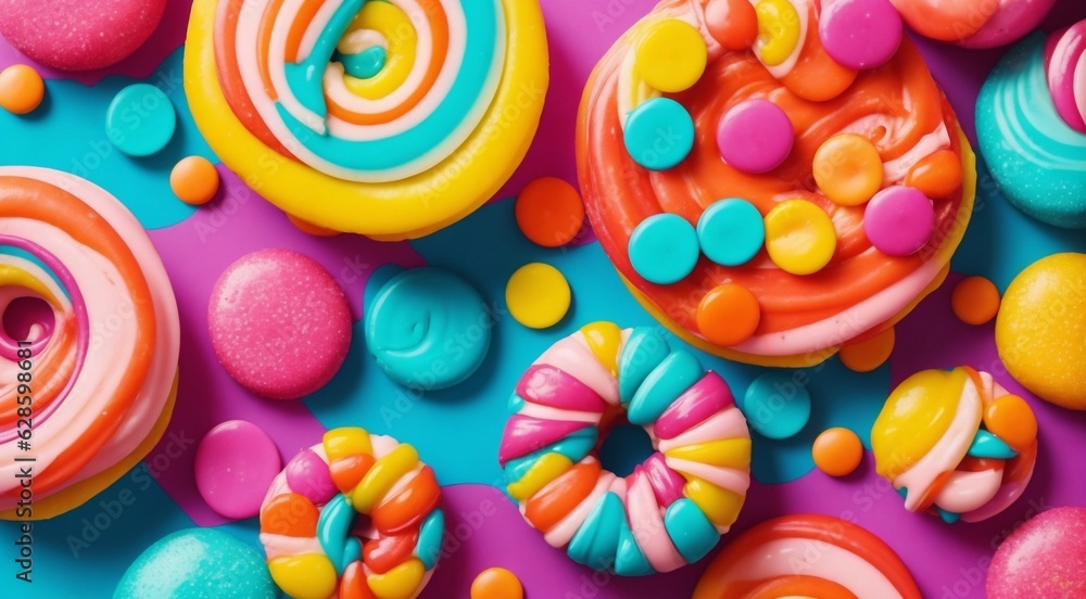 delicious sweets on sweet background, sweets on abstract colored background, sweets and cookies