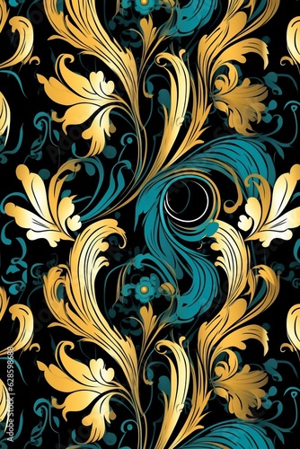 a gold and blue floral pattern on a black background