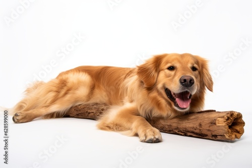 a golden retriever dog laying on top of a log