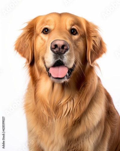 a golden retriever dog sitting in front of a white background