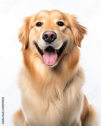a golden retriever dog sitting in front of a white background