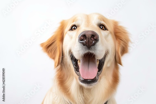 a golden retriever dog with its mouth open on a white background © AberrantRealities