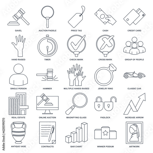 Auction icon set, Included icons as Hand Raised, Price Tag, Magnifying Glass and more symbols collection, logo isolated vector illustration