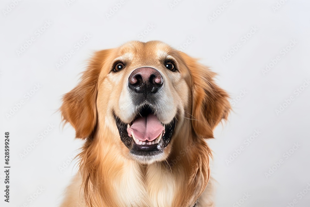 a golden retriever is smiling and looking up at the camera