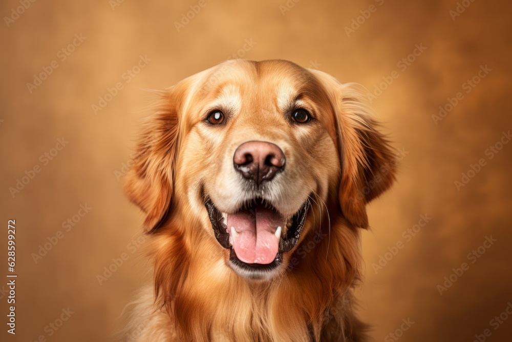 a golden retriever is smiling in front of a brown background