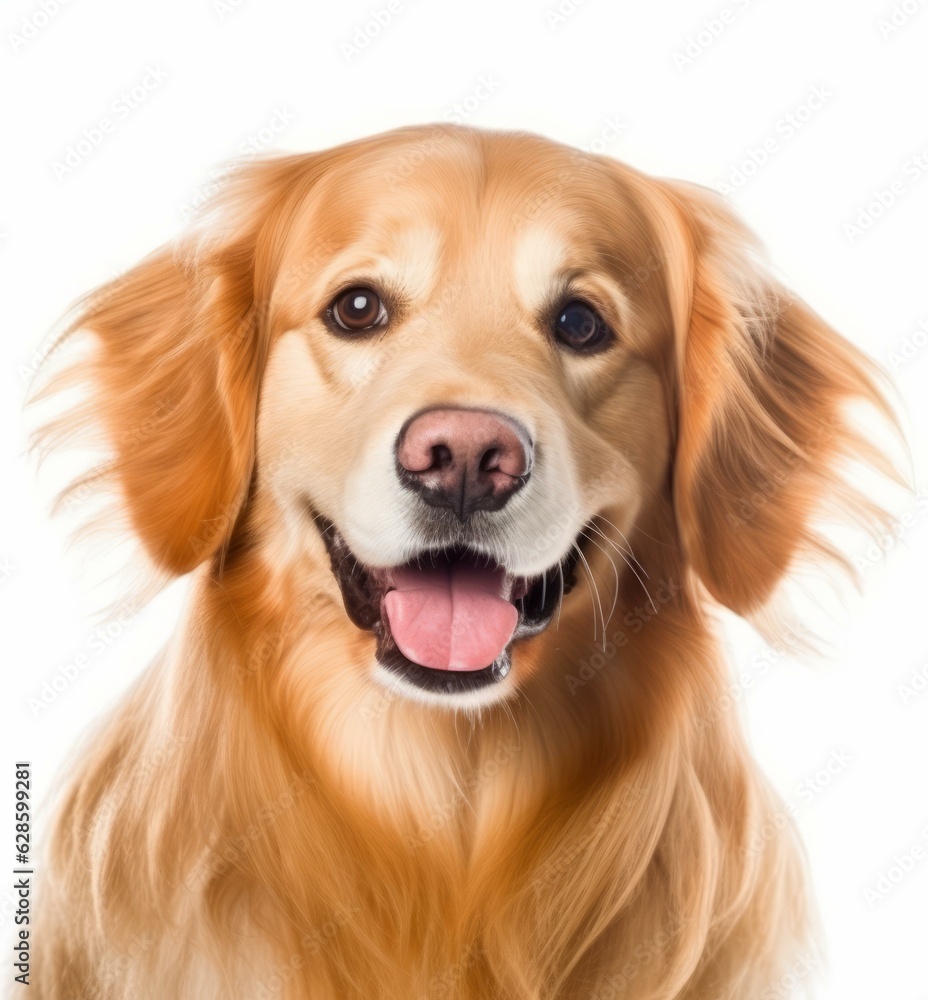 a golden retriever is smiling in front of a white background a golden retriever is smiling in front of a white background