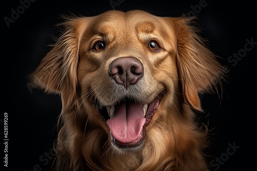 a golden retriever is smiling in front of a black background