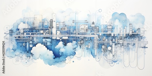 AI Generated. AI Generative. Abstract geometric factory pipeline industry drawing background in blue clouds. Graphic Art