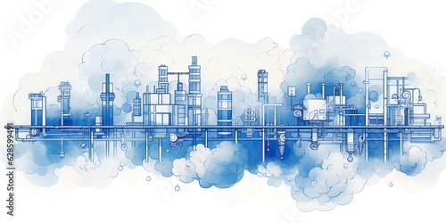 AI Generated. AI Generative. Abstract geometric factory pipeline industry drawing background in blue clouds. Drawing painting ink watercolor art on canvas. Graphic Art