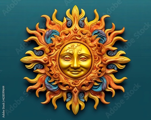 a golden sun with a smiling face on a blue background