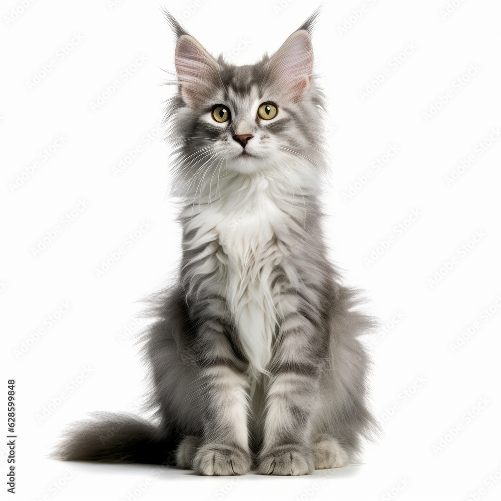 Obraz premium a gray and white cat sitting in front of a white background
