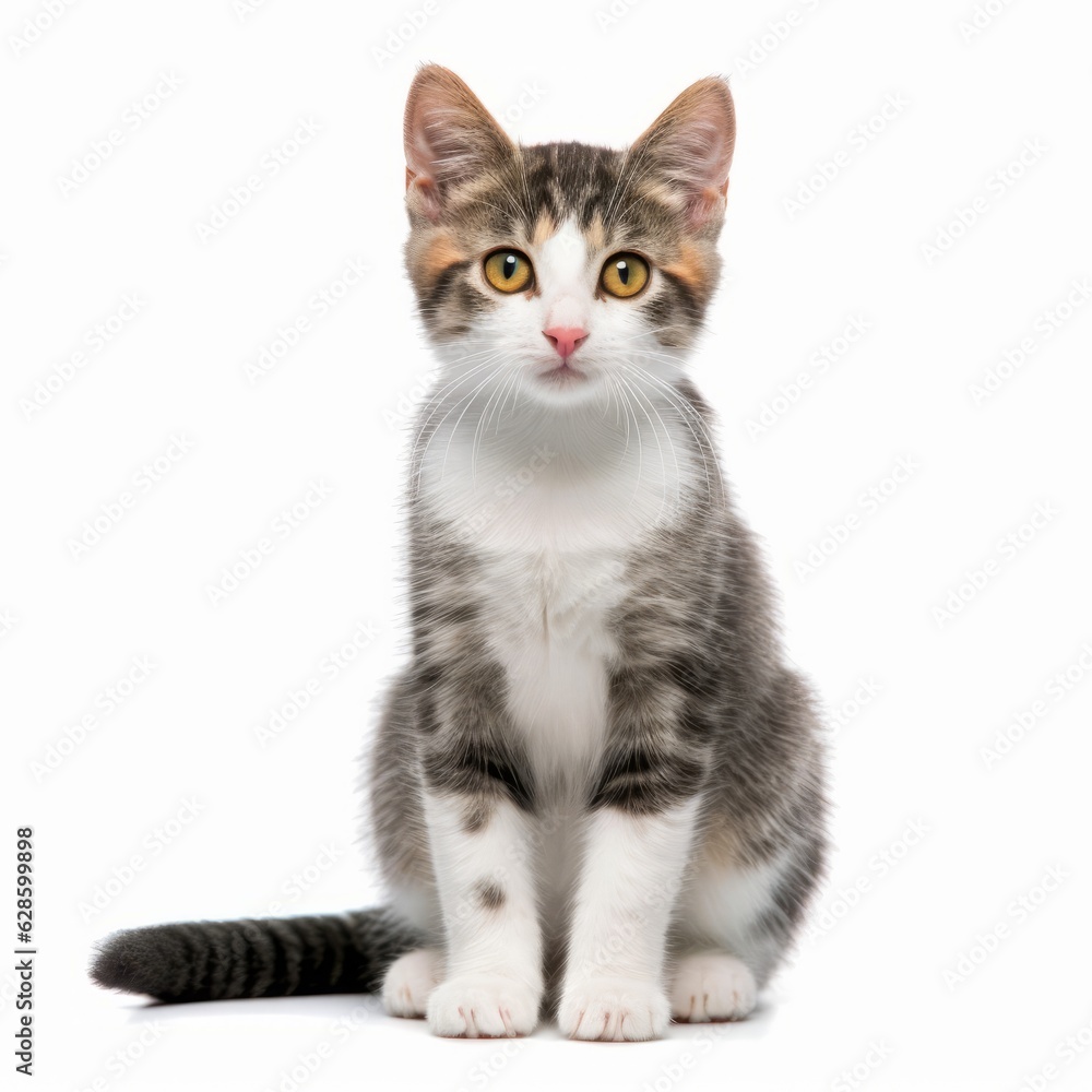 a gray and white kitten sitting in front of a white background