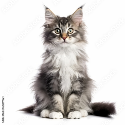 a gray and white cat is sitting in front of a white background