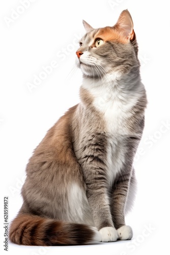a gray and white cat sitting on a white background