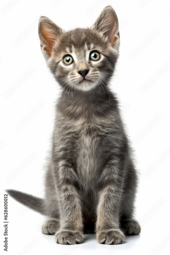 a gray kitten sitting on a white background