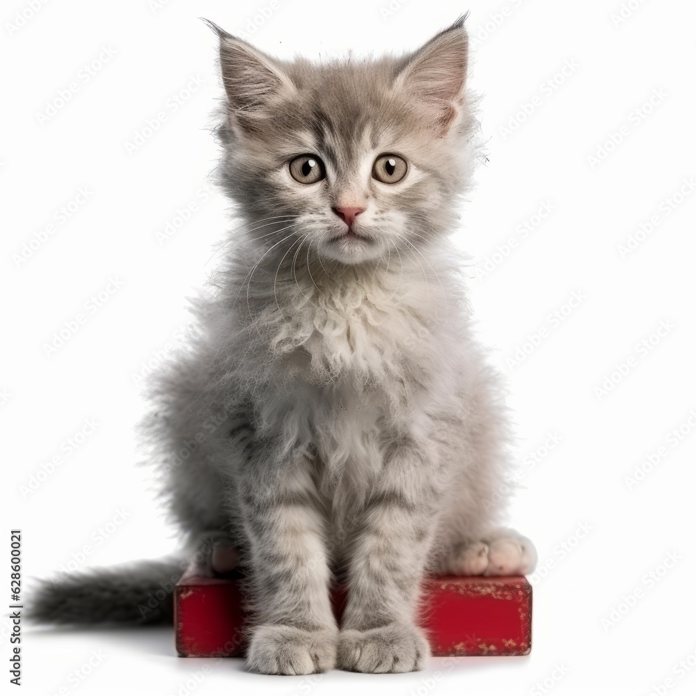 a gray kitten sitting on top of a red box