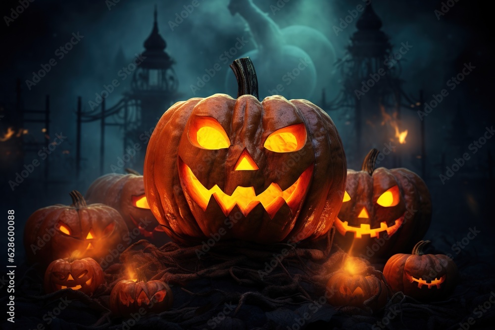 Fototapeta premium Halloween pumpkin head jack lantern with candles on dark background. Halloween concept.Generative Ai