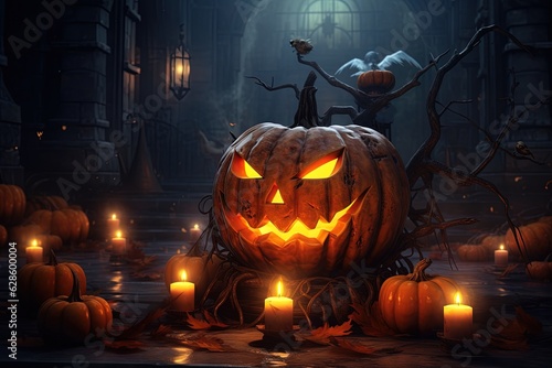 Halloween pumpkin head jack lantern with candles on dark background. Halloween concept.Generative Ai