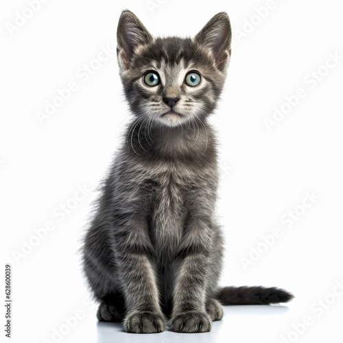 a gray kitten with blue eyes sitting on a white background