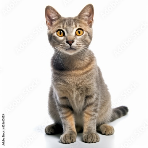 a gray tabby cat is sitting on a white background