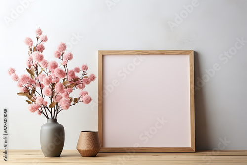 Frame mockup on the wall in the interior of the living room at home. Generative AI