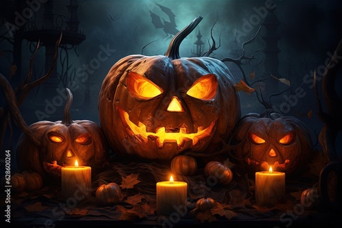 Halloween pumpkin head jack lantern with candles on dark background. Halloween concept.Generative Ai