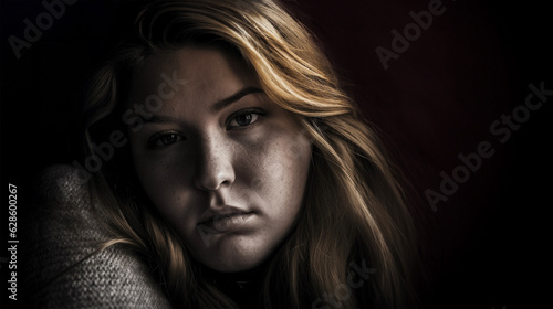 A portrait of a young woman full of deep sadness. Female feel broken, worried, and suffering from depression. Modern life sadness. Mental health or broken heart concept