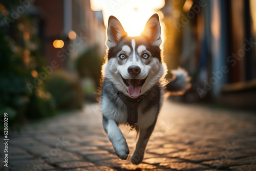 a husky dog running on a cobblestone street at sunset