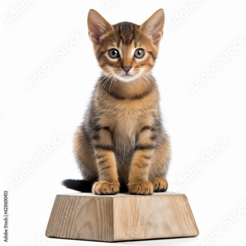 a kitten sitting on top of a wooden pedestal