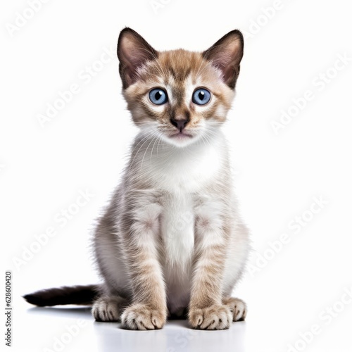 a kitten with blue eyes sitting on a white background