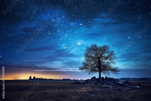 a lone tree in the middle of a field under a starry sky
