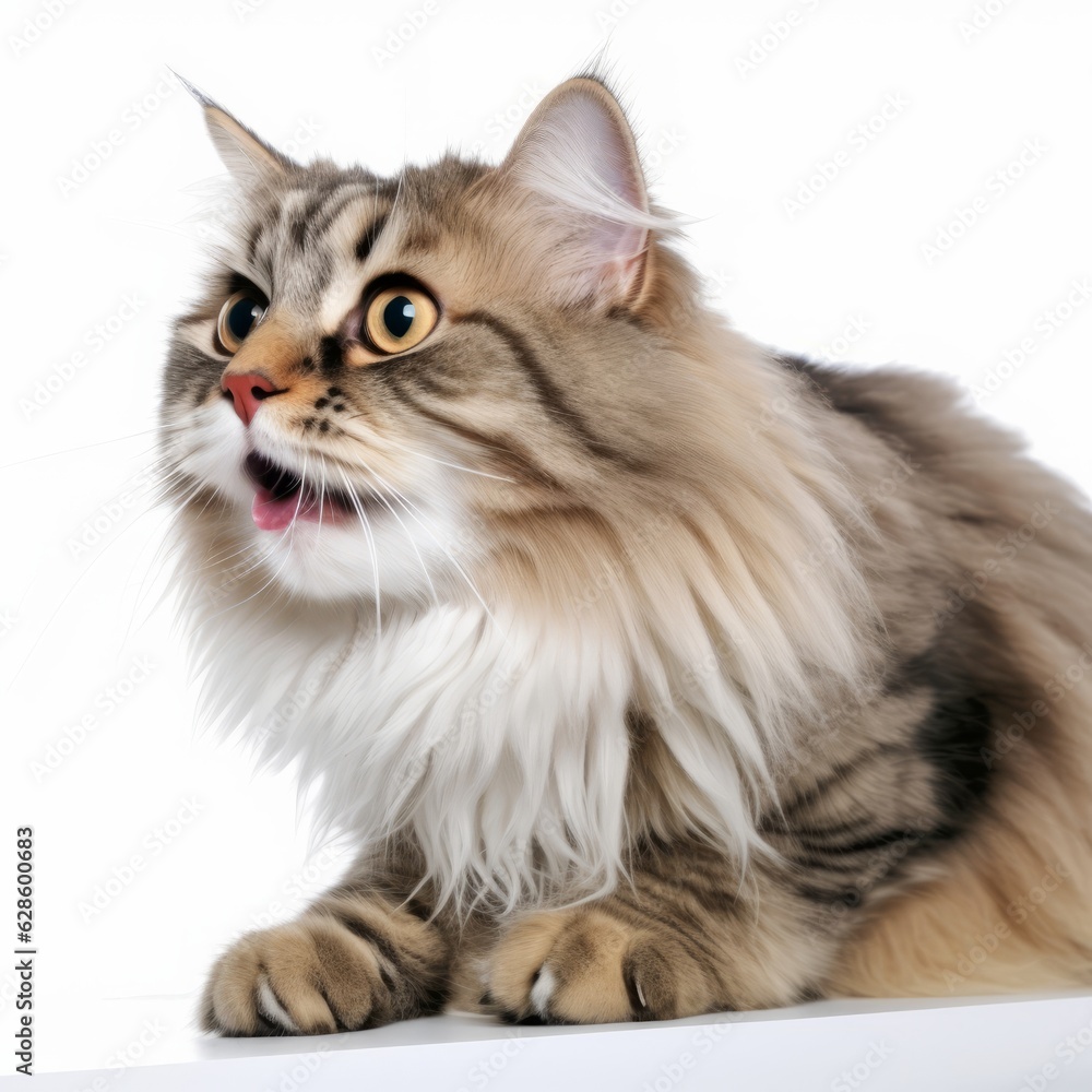 a long haired cat sitting on top of a white surface