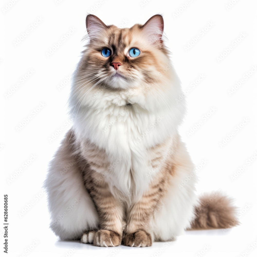 a long haired cat with blue eyes sitting down