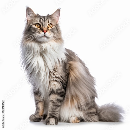a long haired cat sitting in front of a white background