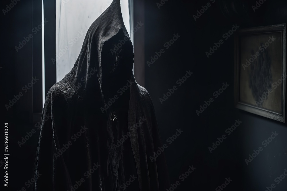 a man in a hooded robe stands in a dark room a man in a hooded robe stands in a dark room
