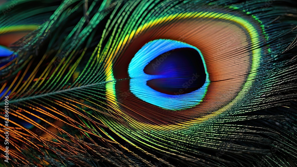 Obraz premium A close-up of a peacock feather with intricate and beautiful patterns and colors.