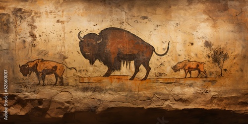 AI Generated. AI Generative. Primitive historical stone cave wall drawing art of huge big bi bison. Graphic Illustration