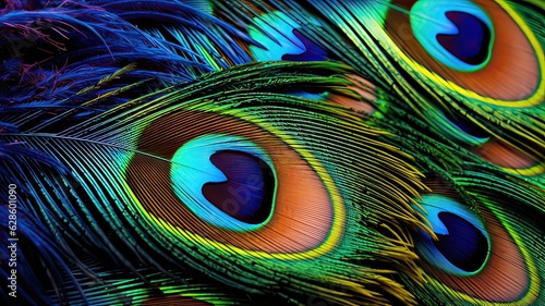 A close-up of a peacock feather with intricate and beautiful patterns and colors.