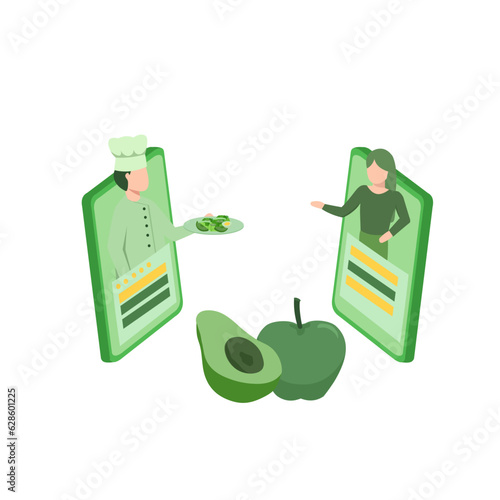 Online personal diet or nutrition plan from dieting expert. Isometric Healthy food and Diet planning concept. Healthy eating. Nutrition consulting, diet plan. vector illustration with flat design