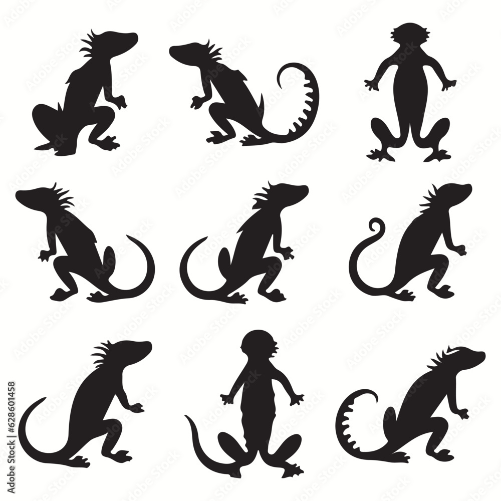Gecko silhouettes and icons. Black flat color simple elegant Gecko animal vector and illustration.	