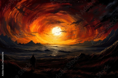 a man standing in front of an orange and red sunset