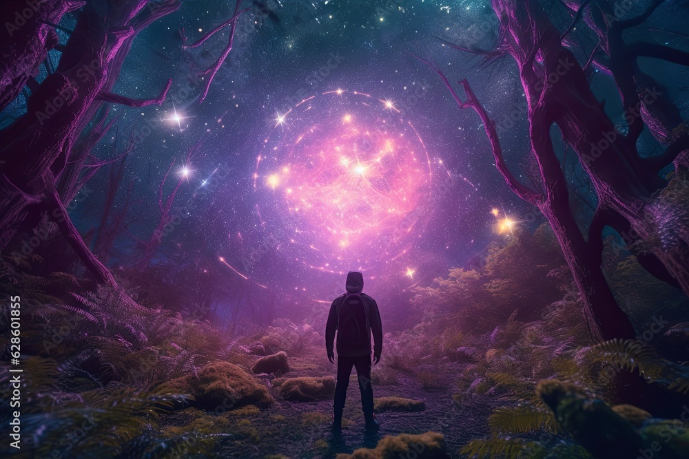 a man standing in the middle of a forest with a purple sky above him