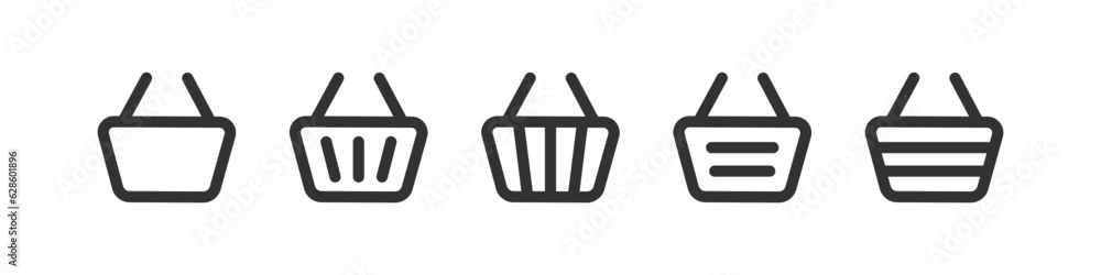 Shop basket icon. Supermarket cart for food signs. Market bag symbol. Online button to buy symbols. Purchase icons. Black color. Vector isolated sign. Shop basket icon. Supermarket cart for food signs. Market bag symbol. Online button to buy symbols. Purchase icons. Black color. Vector isolated sign.