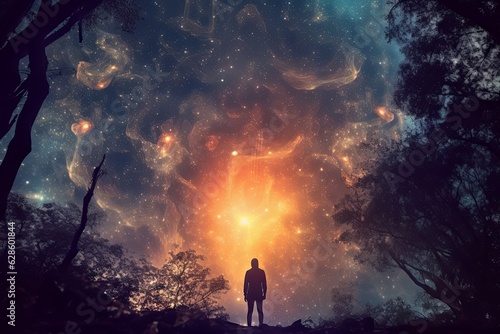 a man standing in the middle of a forest looking at the stars