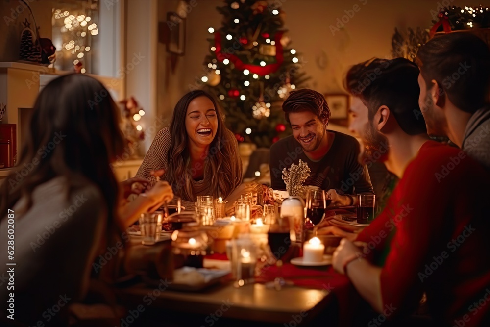 Young friends celebrating and sing Christmas song in living room . Xmas holiday. Generative AI. Young friends celebrating and sing Christmas song in living room . Xmas holiday. Generative AI.