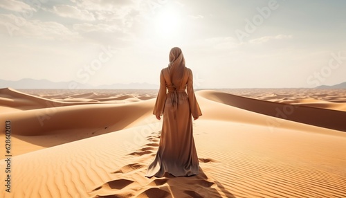 Young woman standing on a dune on desert Generative AI