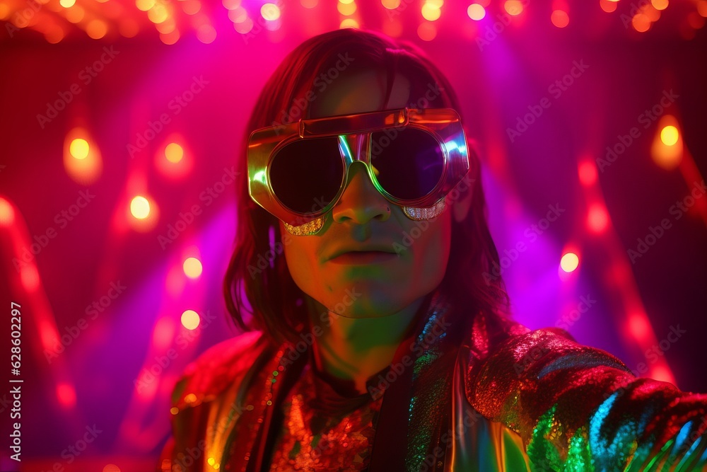 a man with long hair wearing sunglasses in front of colorful lights a man with long hair wearing sunglasses in front of colorful lights